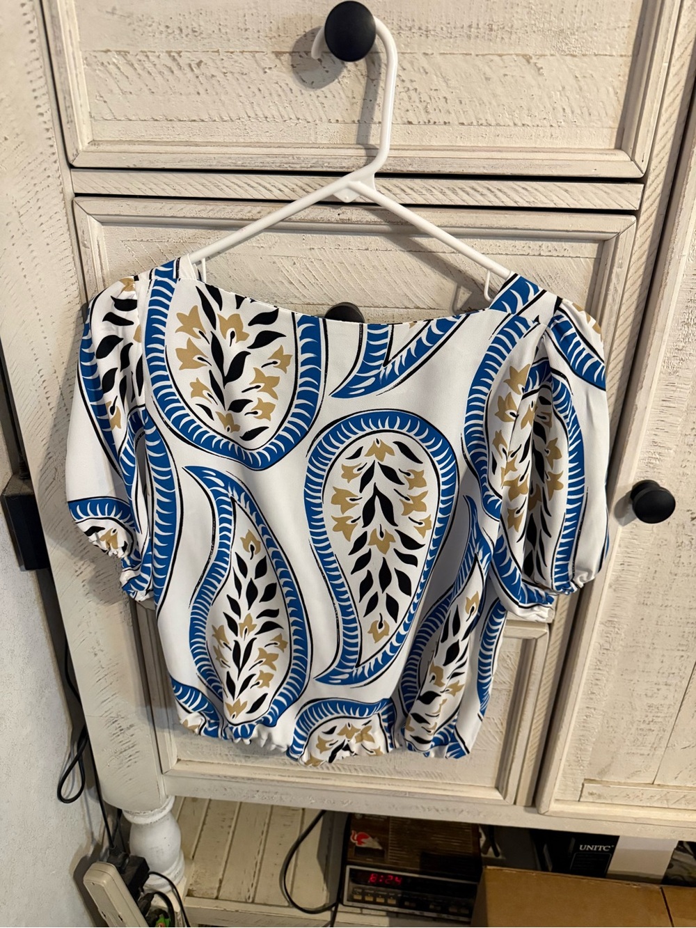 Ann Taylor White Top with Blue and Gold Paisley Print